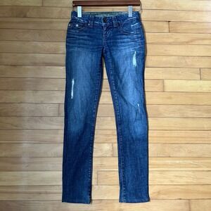 Guess Daredevil Low Rise Skinny Jeans Dark Wash Distressed Embroidered Size 26